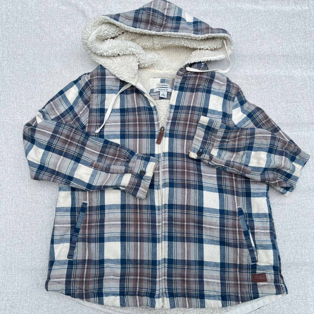 LL Bean Relaxed Fit Sherpa Lined Flannel Zip Up Hoodie Plaid Jacket Blue Small
